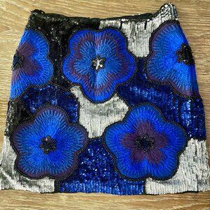 French Connection Size 4 Floral Sequin Mini Skirt Blue Black Silver Cocktail